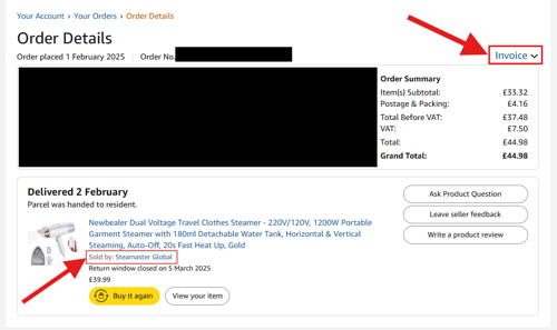 screenshot of invoice link